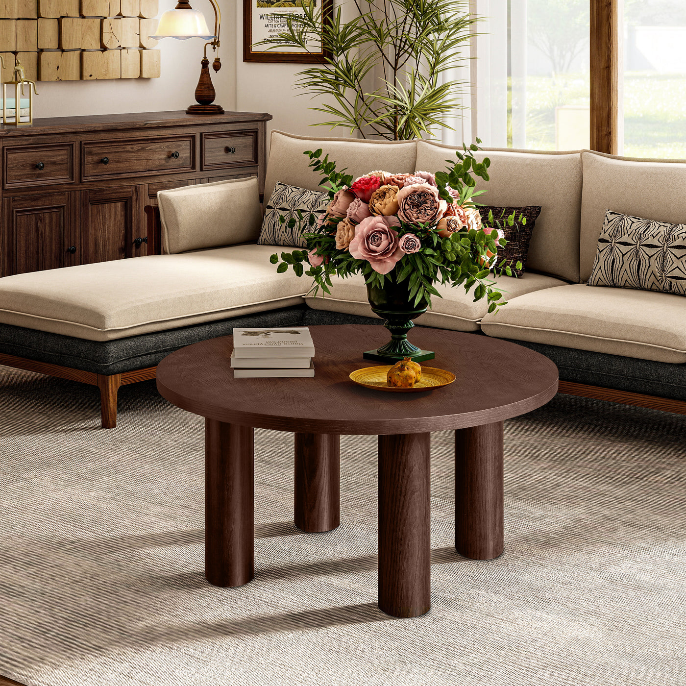 Modern Round Coffee Table with Solid Wood Legs – Stylish Centerpiece for Living Room