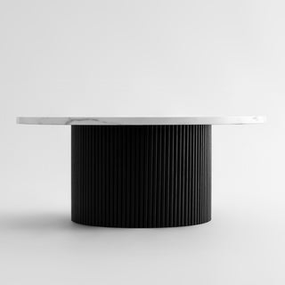 Black Modern Round Coffee Table with Solid Wood Fluted Design