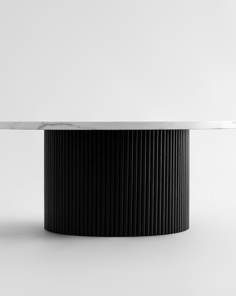 Black Modern Round Coffee Table with Solid Wood Fluted Design