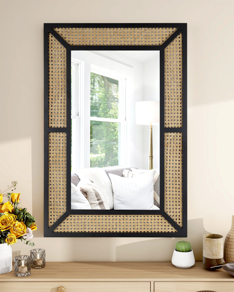 Rattan Mirror for Wall Decor Bohemian Rectangular Large Mirror