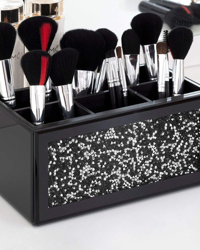 Black Makeup Brush Holder Organizer, 3 Slots Glass Cosmetic Brushes Storage Holder