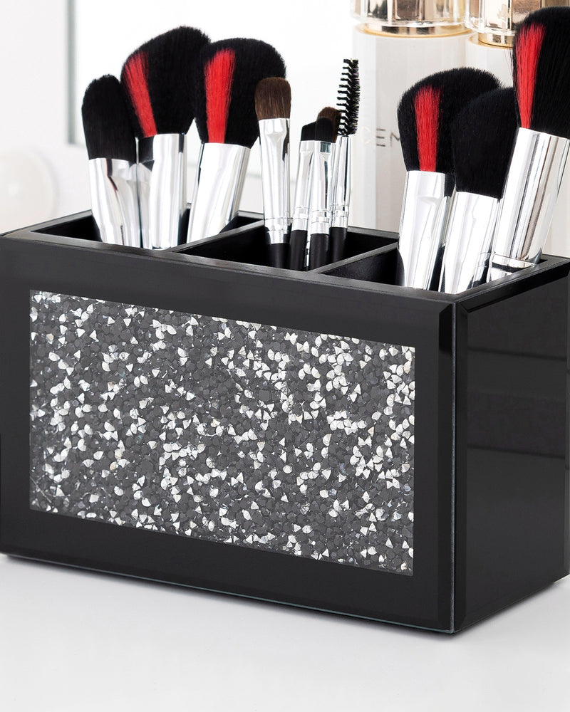 Black Makeup Brush Holder Organizer, 3 Slots Glass Cosmetic Brushes Storage Holder