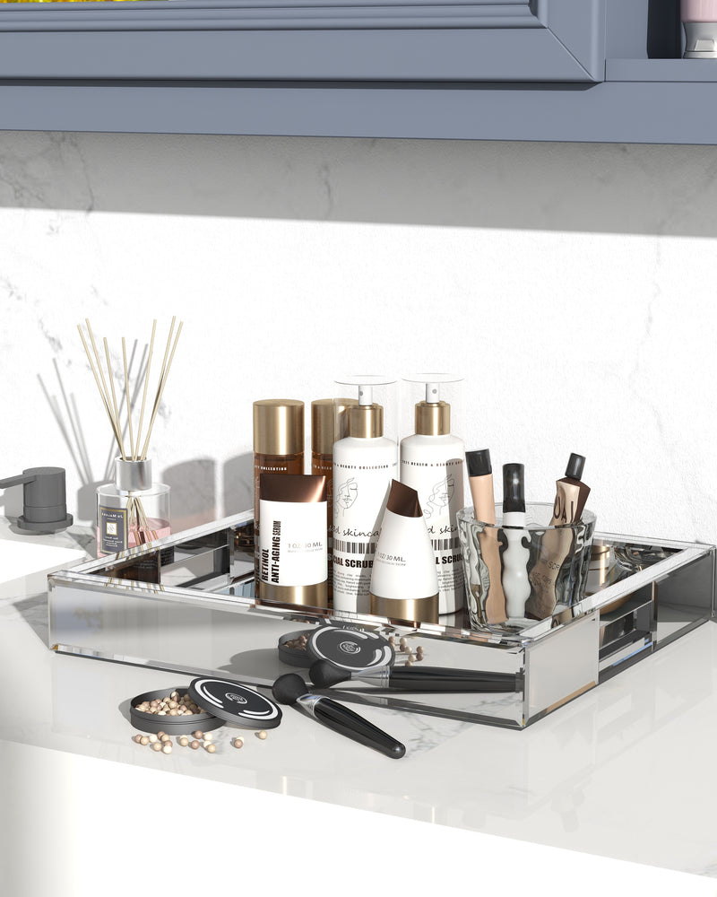 SHYFOY Mirror Glam Tray Bathroom Desktop Storage Tray, Silver Vanity Tray