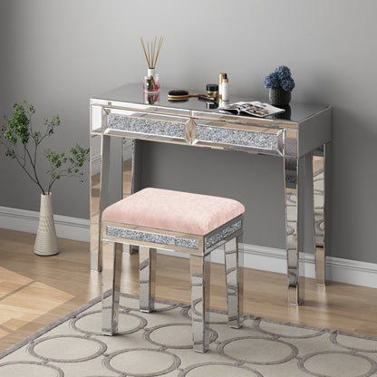 Taburete de Tocador Rosa con Espejo y Asiento Tapizado en Terciopelo