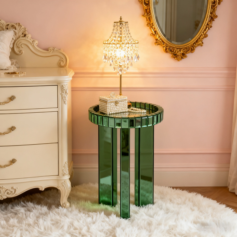 Green Mirrored End Table,  Round Glass Side Table with Three Legs
