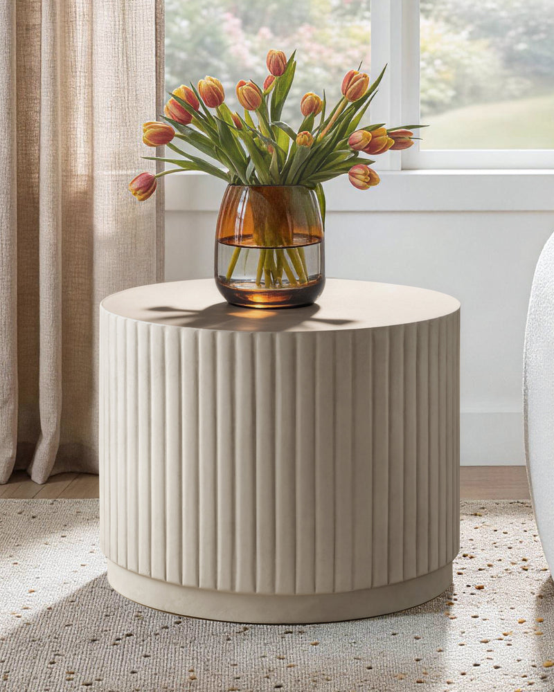 White Modern Round Fluted Drum Magnesium Oxide End Table