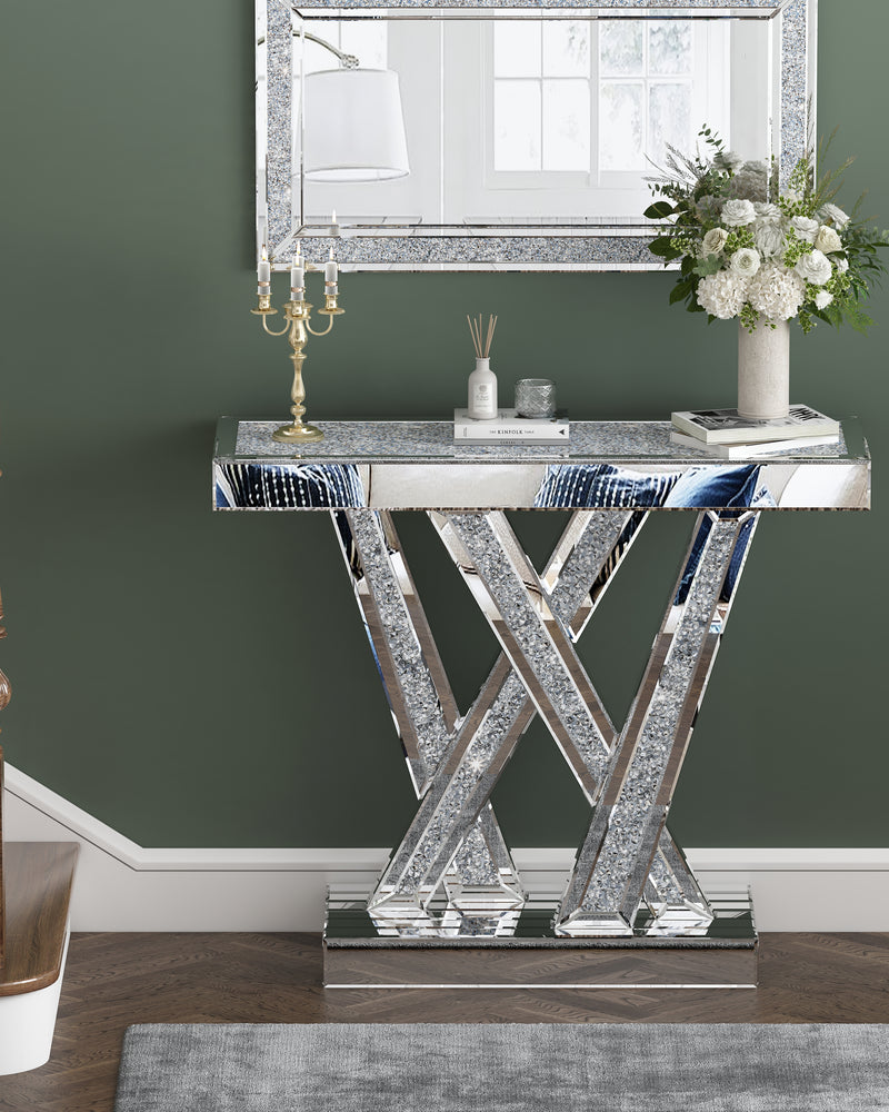 Modern Console Table Mirrored Finished, Glam Style W Silver Entryway Table