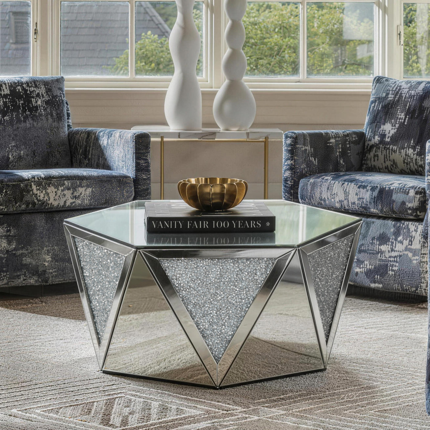 Luxuriöser Spiegeltisch aus Kristallglas mit geometrischem Design