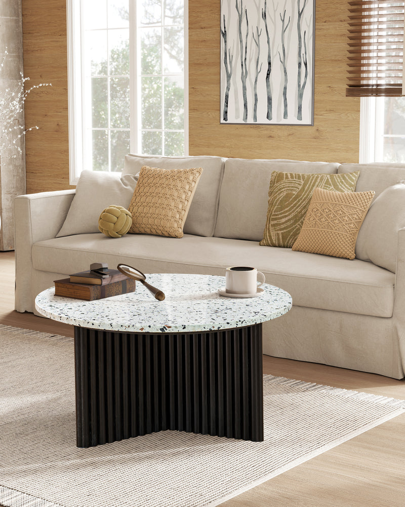 Modern Round Coffee Table with Ribbed Black Base – Minimalist Living Room Accent