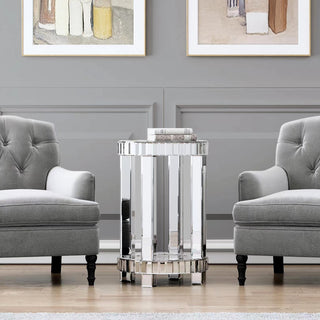 SHYFOY Mirrored End Table with Crystal Inlay, Round Modern Side Table Silver Accent Table