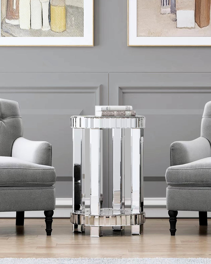 Mirrored End Table with Crystal Inlay, Round Modern Side Table Silver Accent Table