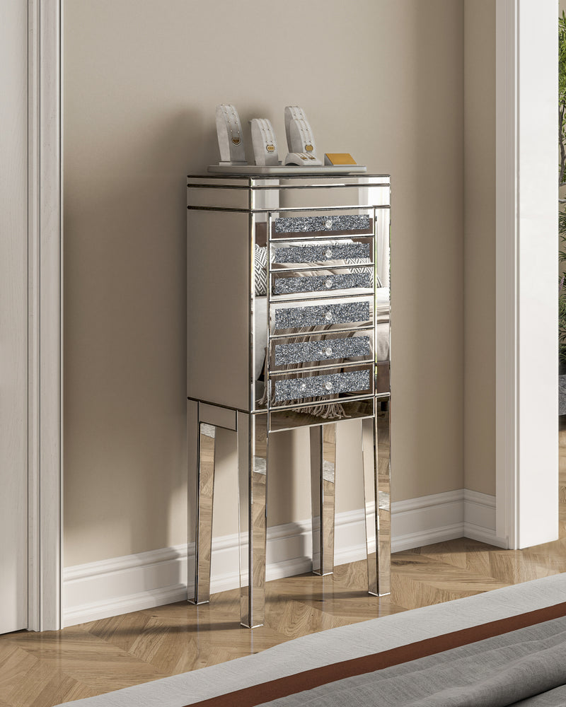 Mirrored Glass Jewelry Armoire with Crushed Diamond Inlay