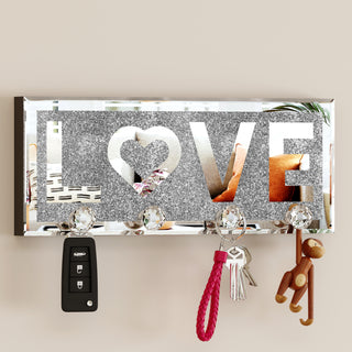 Mirrored Key Holder for Wall Decorative LOVE Letter Sign Plaque Key Hanger for Wall Decor with 4 Crystal Hooks