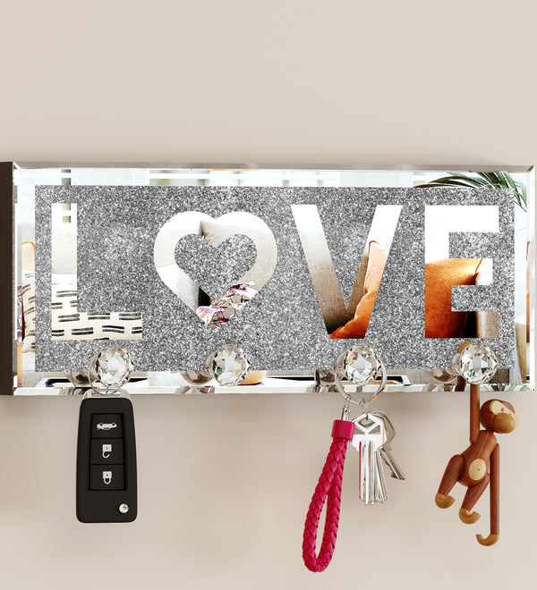 Mirrored Key Holder for Wall Decorative LOVE Letter Sign Plaque Key Hanger for Wall Decor with 4 Crystal Hooks