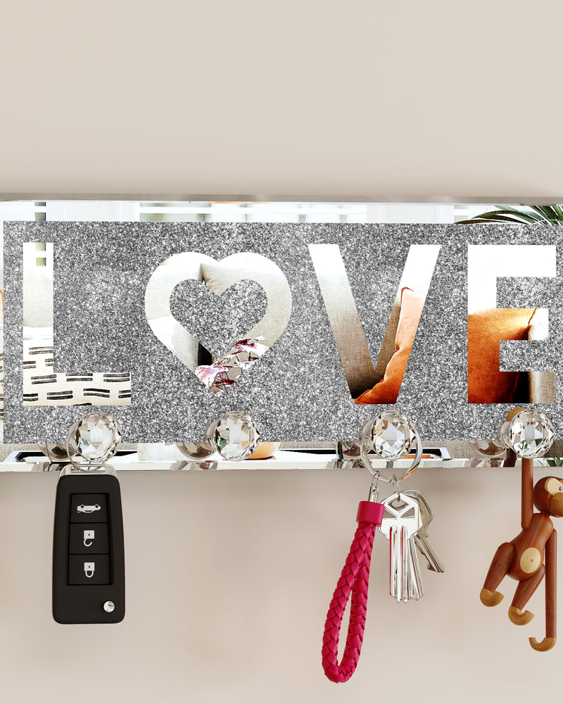 Mirrored Key Holder for Wall Decorative LOVE Letter Sign Plaque Key Hanger for Wall Decor with 4 Crystal Hooks