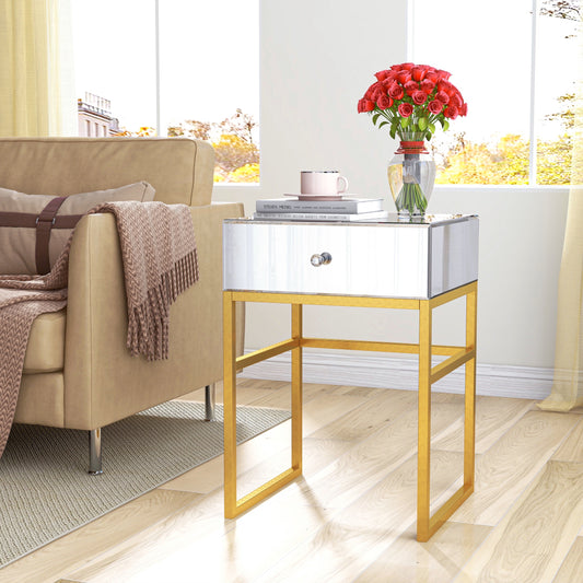 Mirrored Side Table Gold Legs Rectangle Accent End Table with Drawer