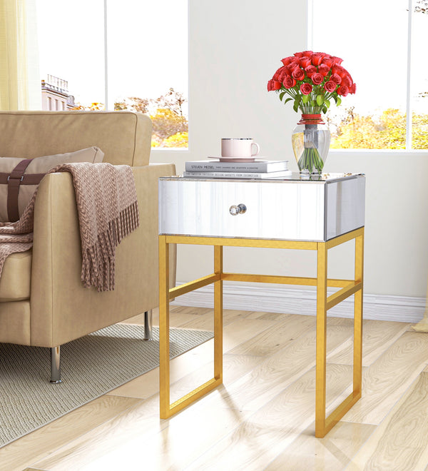 Mirrored Side Table Gold Legs Rectangle Accent End Table with Drawer