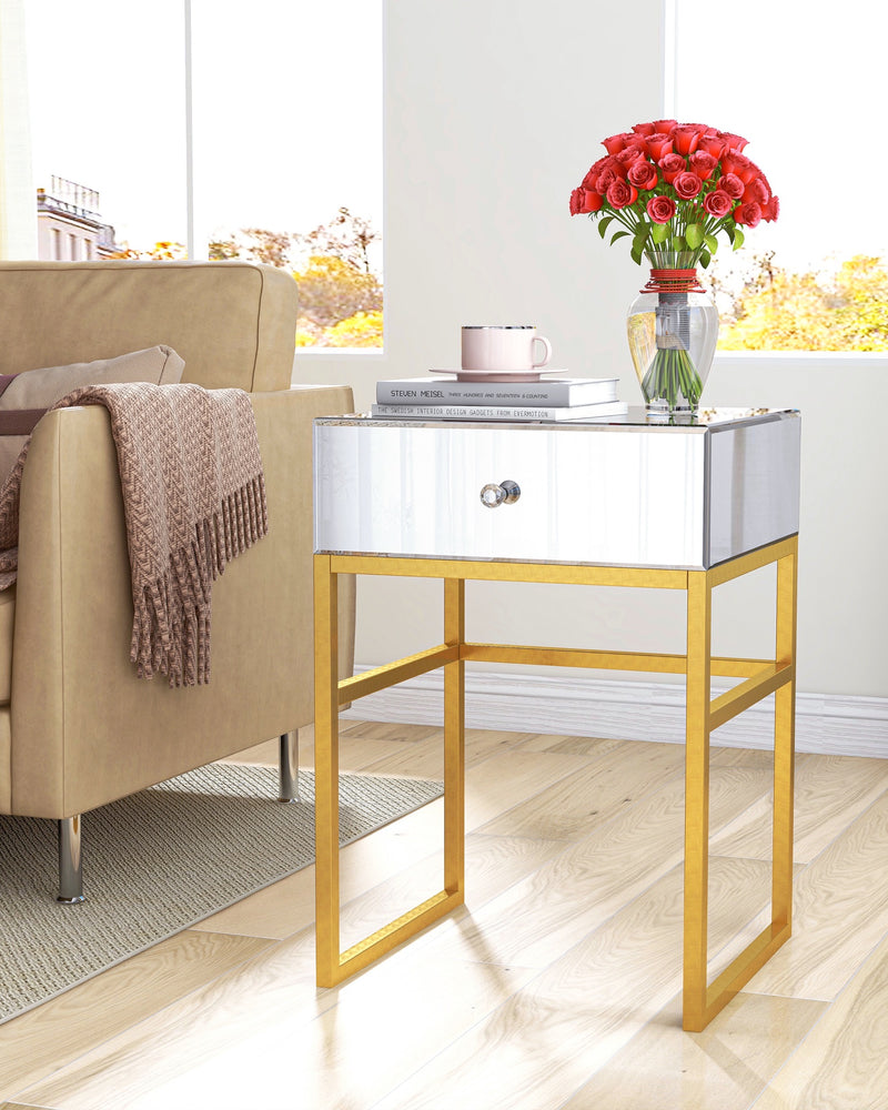 Mirrored Side Table Gold Legs Rectangle Accent End Table with Drawer