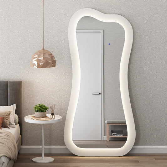 SHYFOY Modern Creative White Wood Floor Mirror with LED Home Furniture Livingroom Bedroom Decorative Art Makeup Dressing Mirror