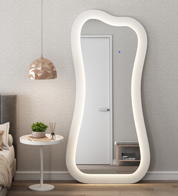 Modern Creative White Wood Floor Mirror with LED Home Furniture