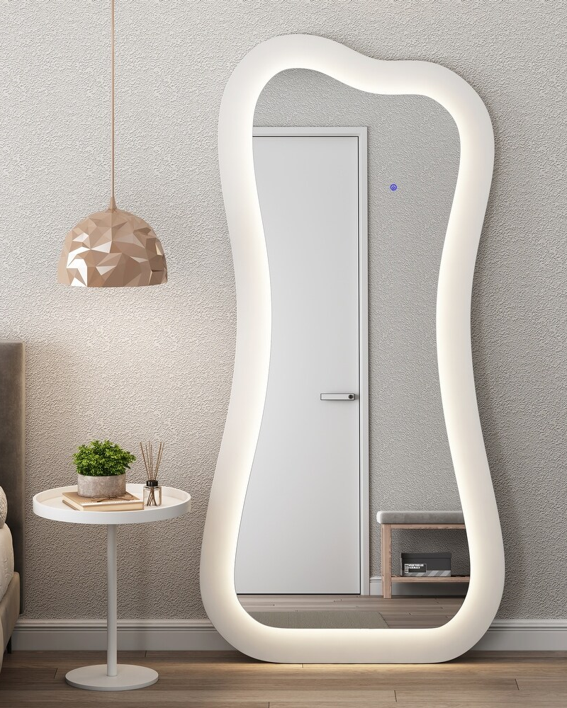 Modern Creative White Wood Floor Mirror with LED Home Furniture