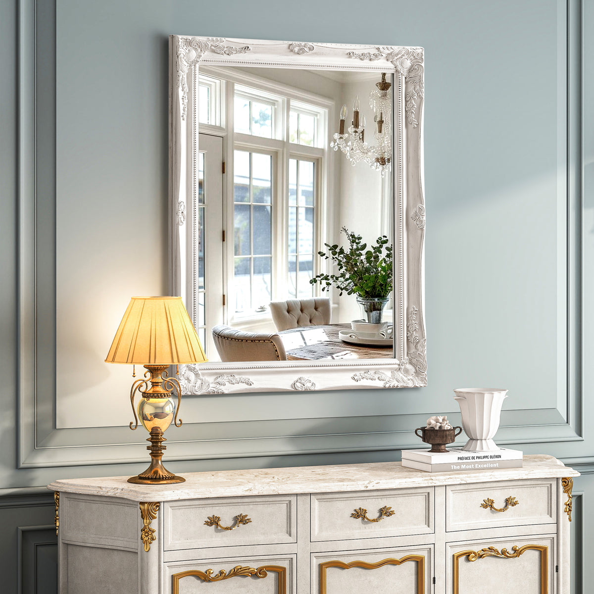 Antique White Ornate Wall Mirror