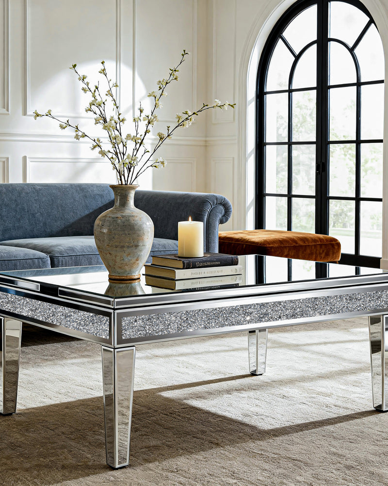 Mirror Glass Coffee Table Lift Top Accent Table with Hidden Storage