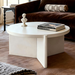 Modern Round White Coffee Table with Textured Finish Center Table