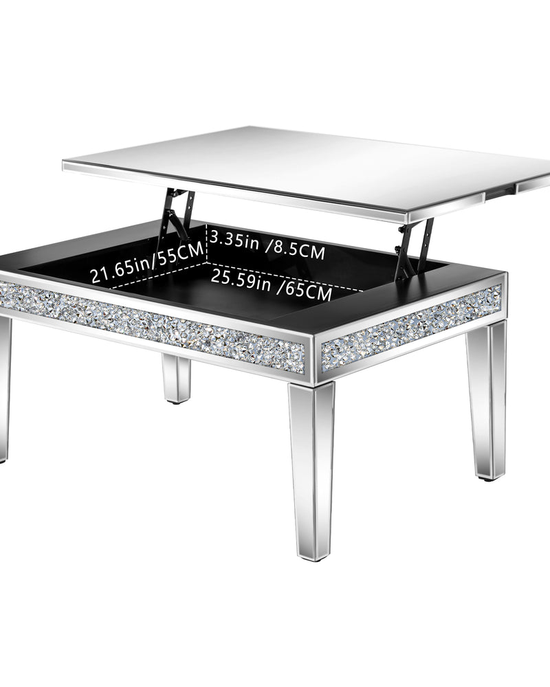 Mirror Glass Coffee Table Lift Top Accent Table with Hidden Storage