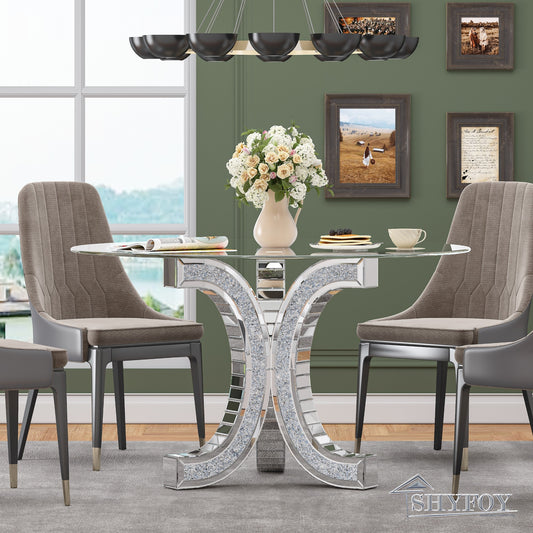 SHYFOY 52'' Mirror Glass Pedestal Dining Table with Tempered Glass Tabletop / SF-DT066