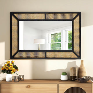 Rattan Mirror for Wall Decor Bohemian Rectangular Large Mirror, Boho Wall Mirror, Woven Wicker Hanging Mirror, 22x35 inches, Black