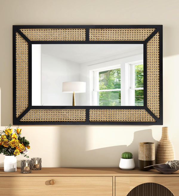 Rattan Mirror for Wall Decor Bohemian Rectangular Large Mirror