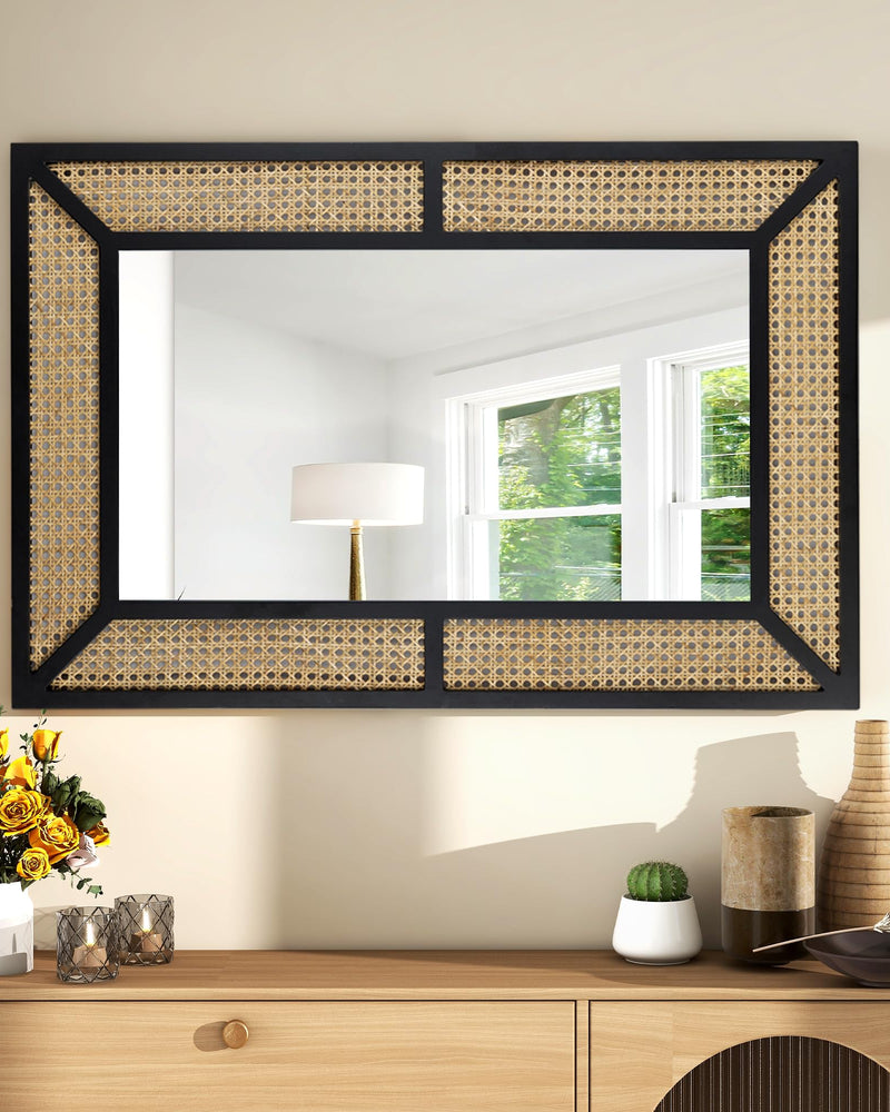 Rattan Mirror for Wall Decor Bohemian Rectangular Large Mirror