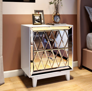 Nightstand Mirrored, White Night Stand with 2 Drawers, Silver End Table, mesas de Noche para cuartos, Side Table Mirror, Glass Bedside Table for Bedroom, Living Room