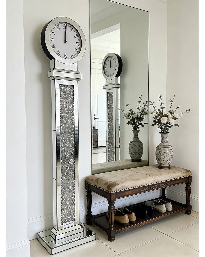 Tall Mirrored Standing Clock with Crushed Diamond Inlay