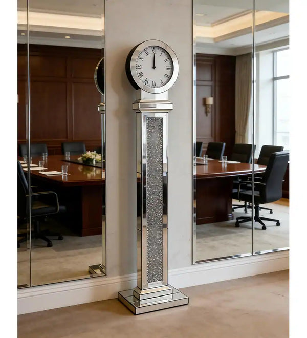 Tall Mirrored Standing Clock with Crushed Diamond Inlay