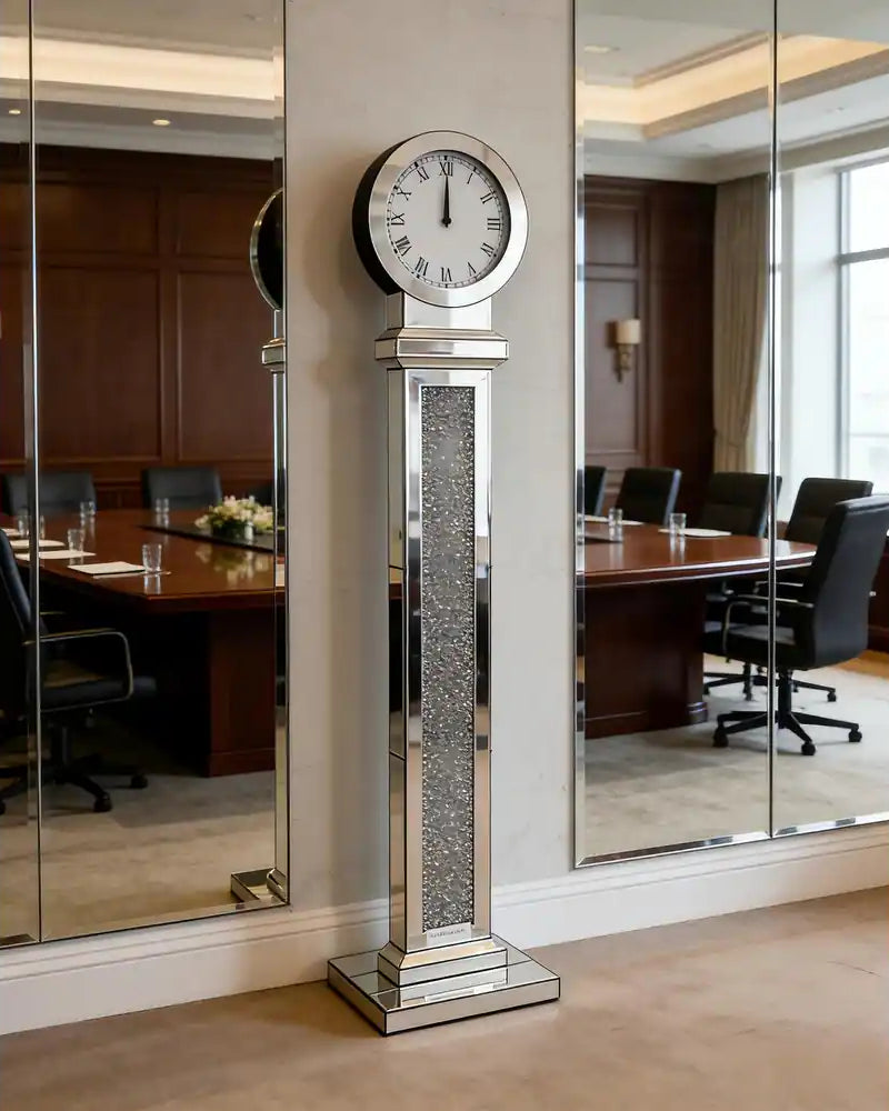 Tall Mirrored Standing Clock with Crushed Diamond Inlay