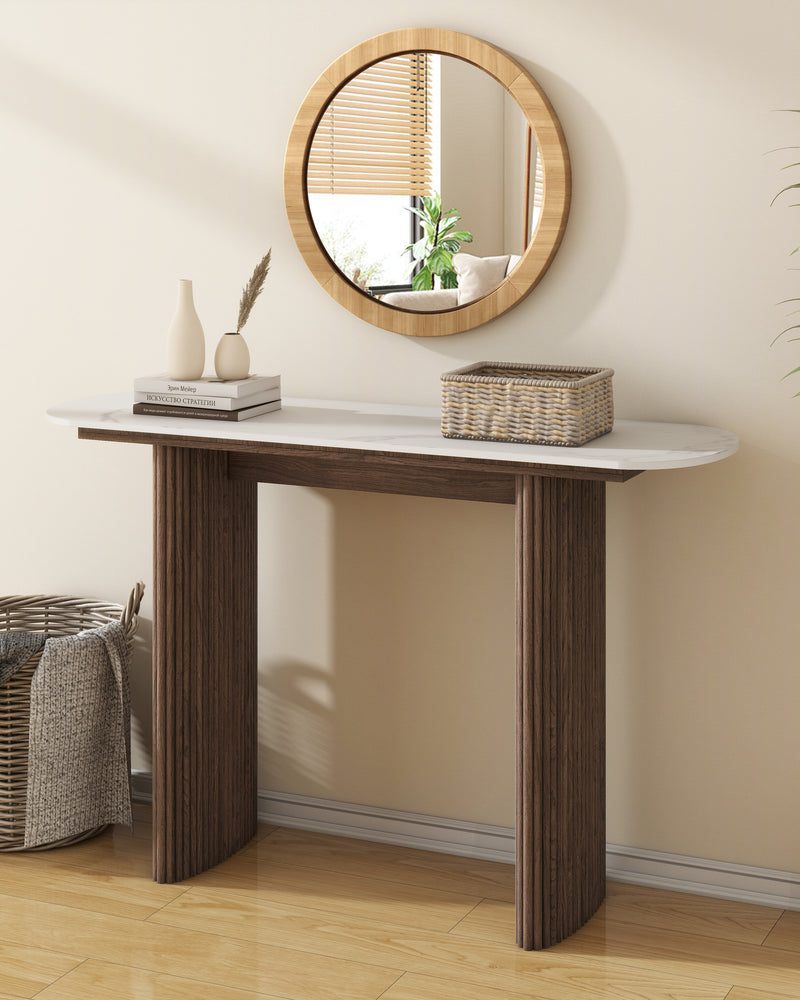 Walnut Marble Console Table Entryway Table with Fluted Base