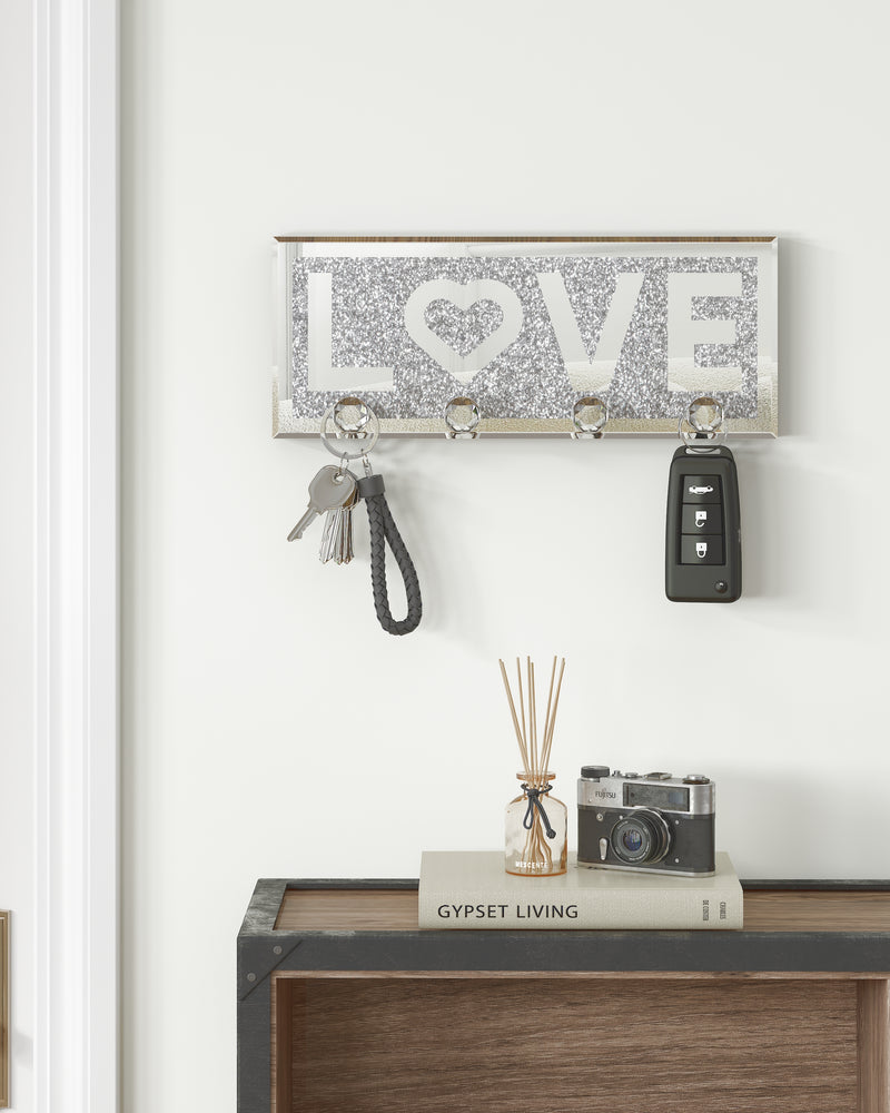 Mirrored Key Holder for Wall Decorative LOVE Letter Sign Plaque Key Hanger for Wall Decor with 4 Crystal Hooks