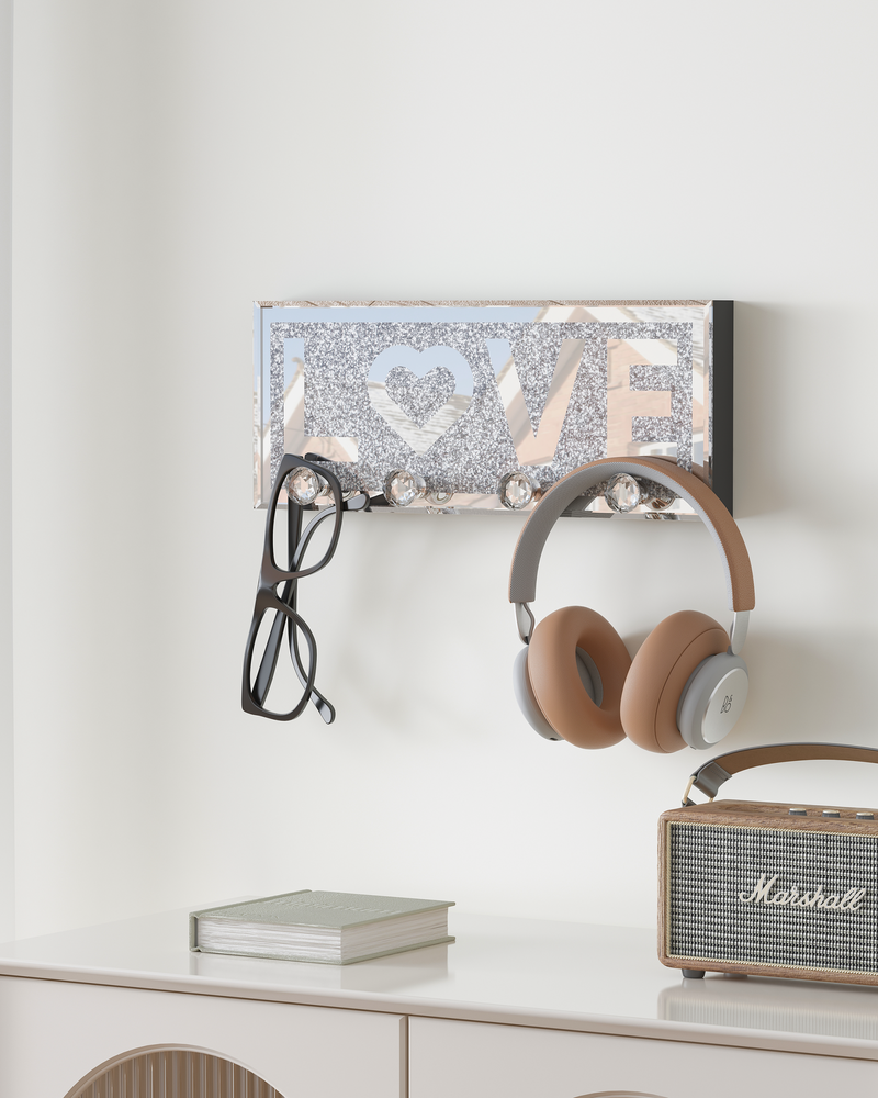 Mirrored Key Holder for Wall Decorative LOVE Letter Sign Plaque Key Hanger for Wall Decor with 4 Crystal Hooks