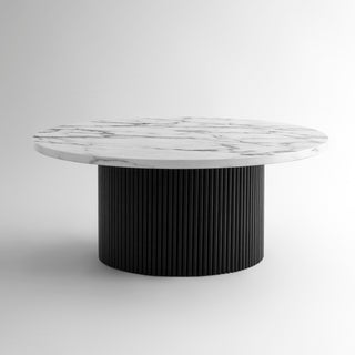 Black Modern Round Coffee Table with Solid Wood Fluted Design