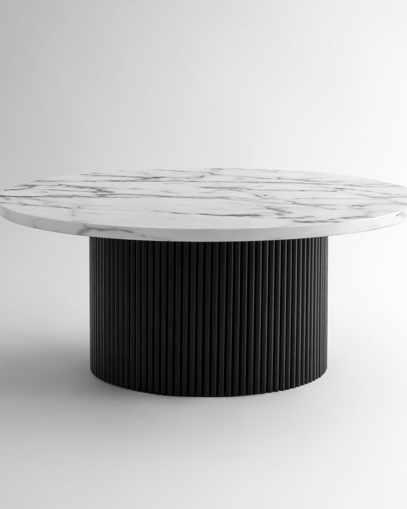 Black Modern Round Coffee Table with Solid Wood Fluted Design