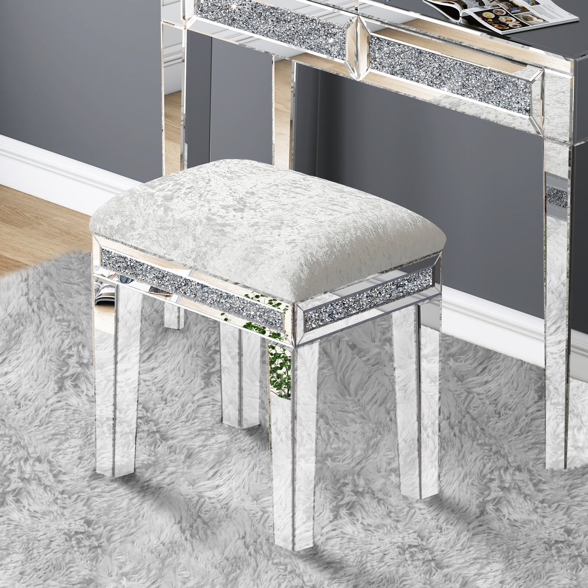 White Mirror Diamond Vanity Stool with Velvet Upholstered Seat