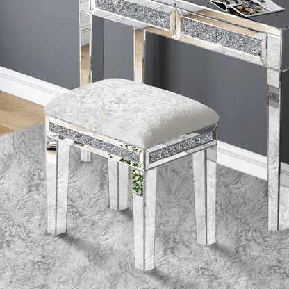 White Mirror Diamond Vanity Stool with Velvet Upholstered Seat