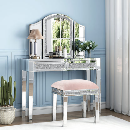 Taburete de Tocador Rosa con Espejo y Asiento Tapizado en Terciopelo