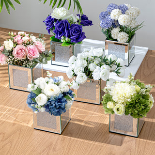 Set of 6 Bling Mirrored Square Glass Vases, Silver Flower Vases for Centerpieces Cube Vase Candle Holder for Wedding, Party