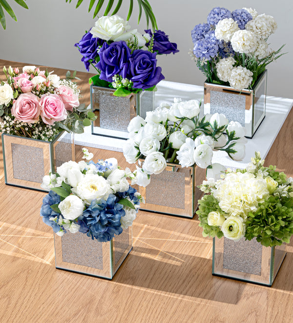Set of 6 Bling Mirrored Square Glass Vases