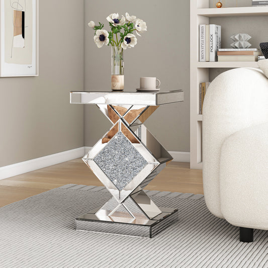 SHYFOY Mirrored Crushed Diamond Side Table Glass Mirror End Tables