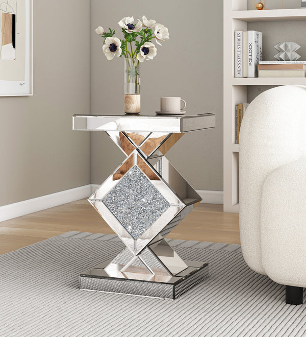 SHYFOY Mirrored Crushed Diamond Side Table Glass Mirror End Tables