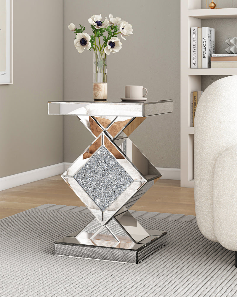 SHYFOY Mirrored Crushed Diamond Side Table Glass Mirror End Tables